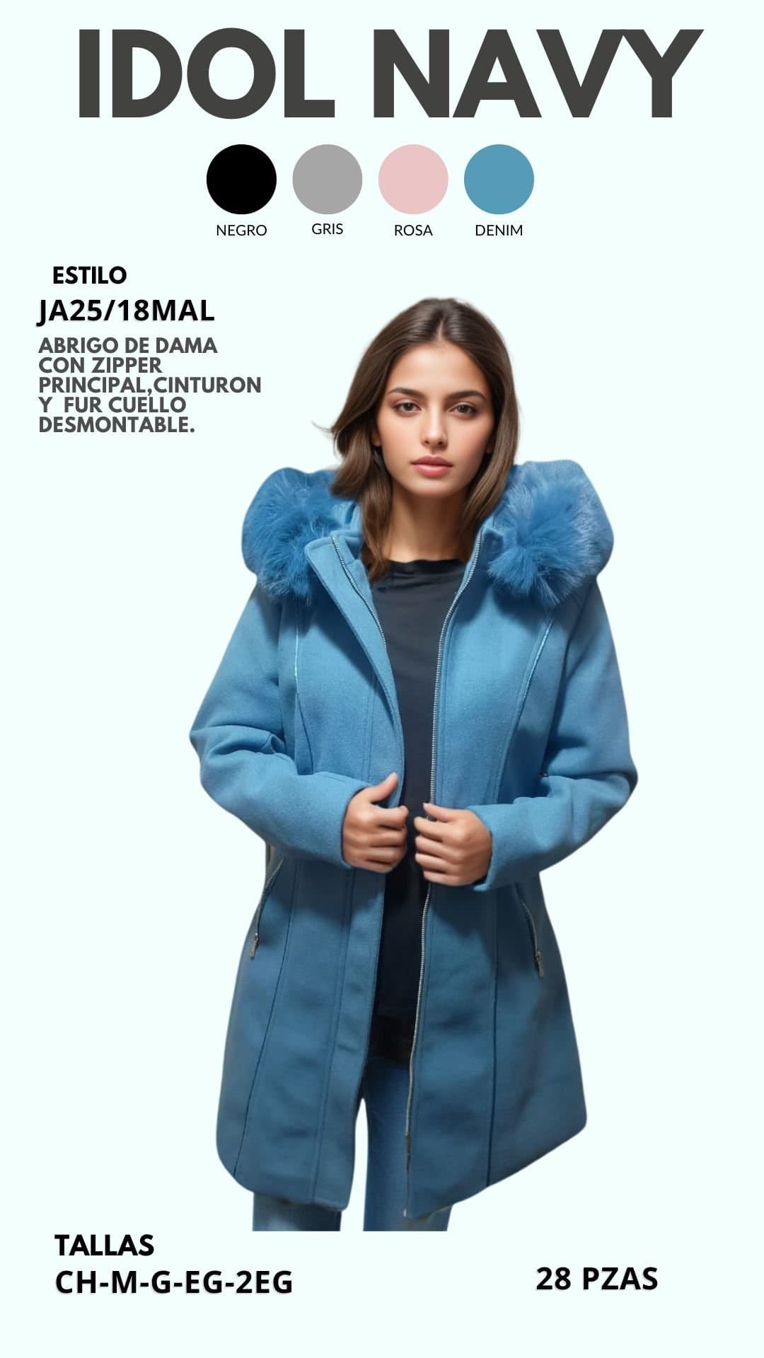 ABRIGO DE DAMA, CON ZIPPER PRINCIPAL CINTURON Y FUR DESMONTABLE EN CUELLO IDOL NAVY