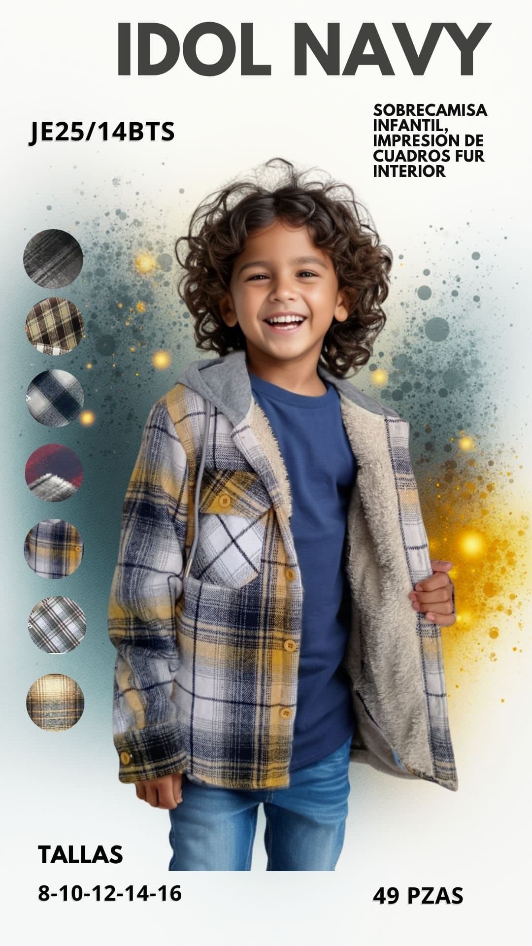 SOBRECAMISA INFANTIL, IMPRESIÓN DE CUADROS CON FUR INTERIOR Y GORRO DE FELPA IDOL NAVY