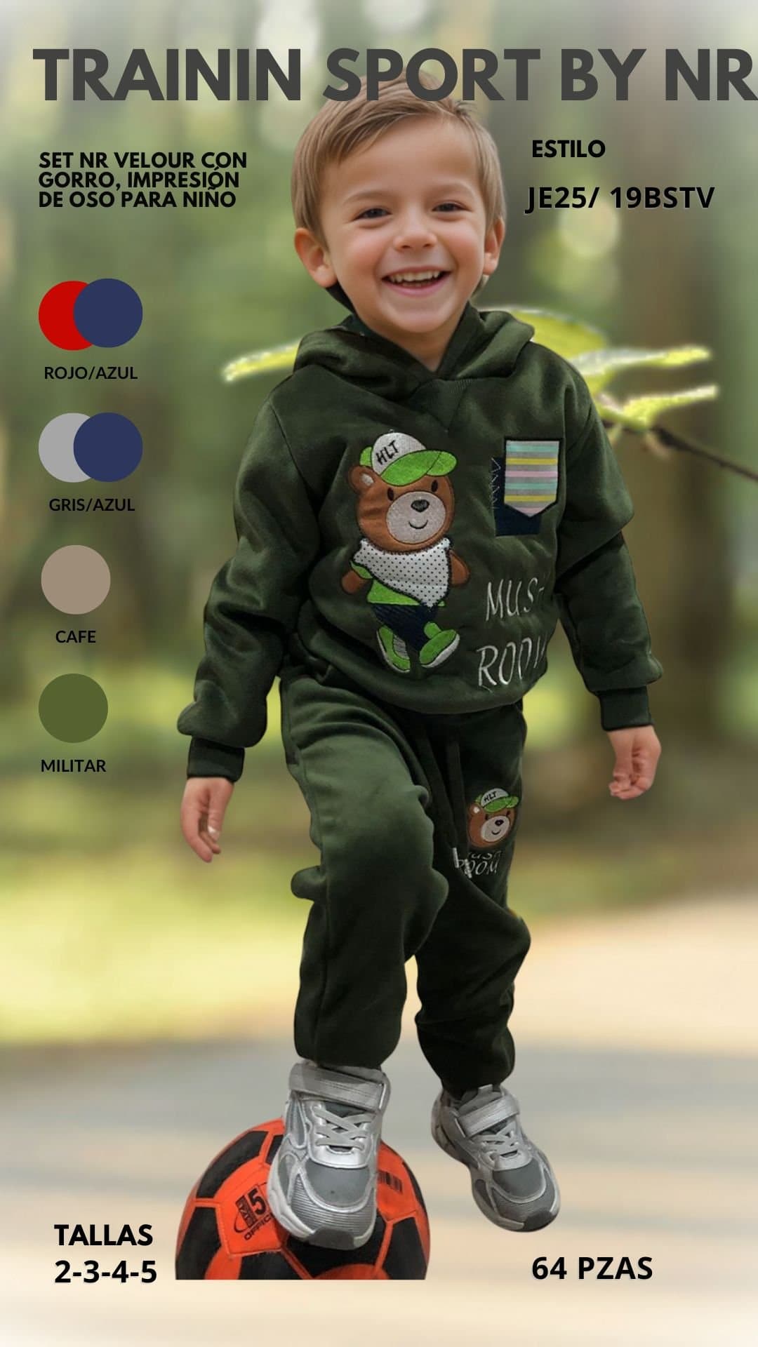 SET NR VELOUR CON GORRO, IMPRESIÓN DE OSO PARA NIÑO, TRAINING SPORT BY NR