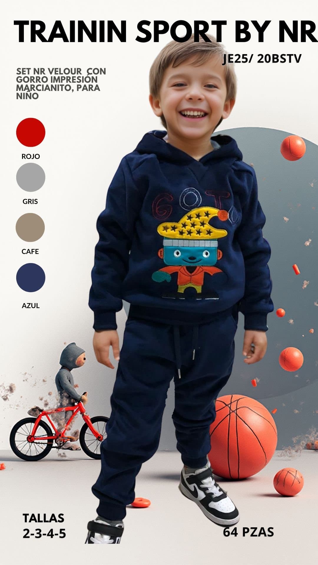 SET NR VELOUR CON GORRO IMPRESIÓN MARCIANITO, PARA NIÑO, TRAINING SPORT BY NR