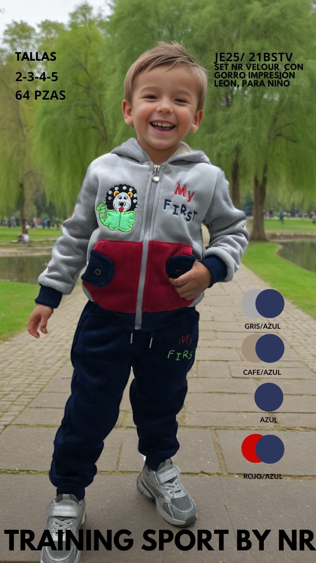 SET NR VELOUR CON GORRO IMPRESIÓN LEON, PARA NIÑO, TRAINING SPORT BY NR