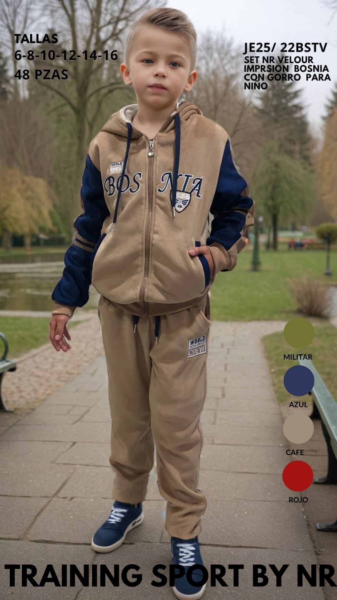 SET NR VELOUR IMPRESION BOSNIA CON GORRO , PARA NIÑO, TRAINING SPORT BY NR
