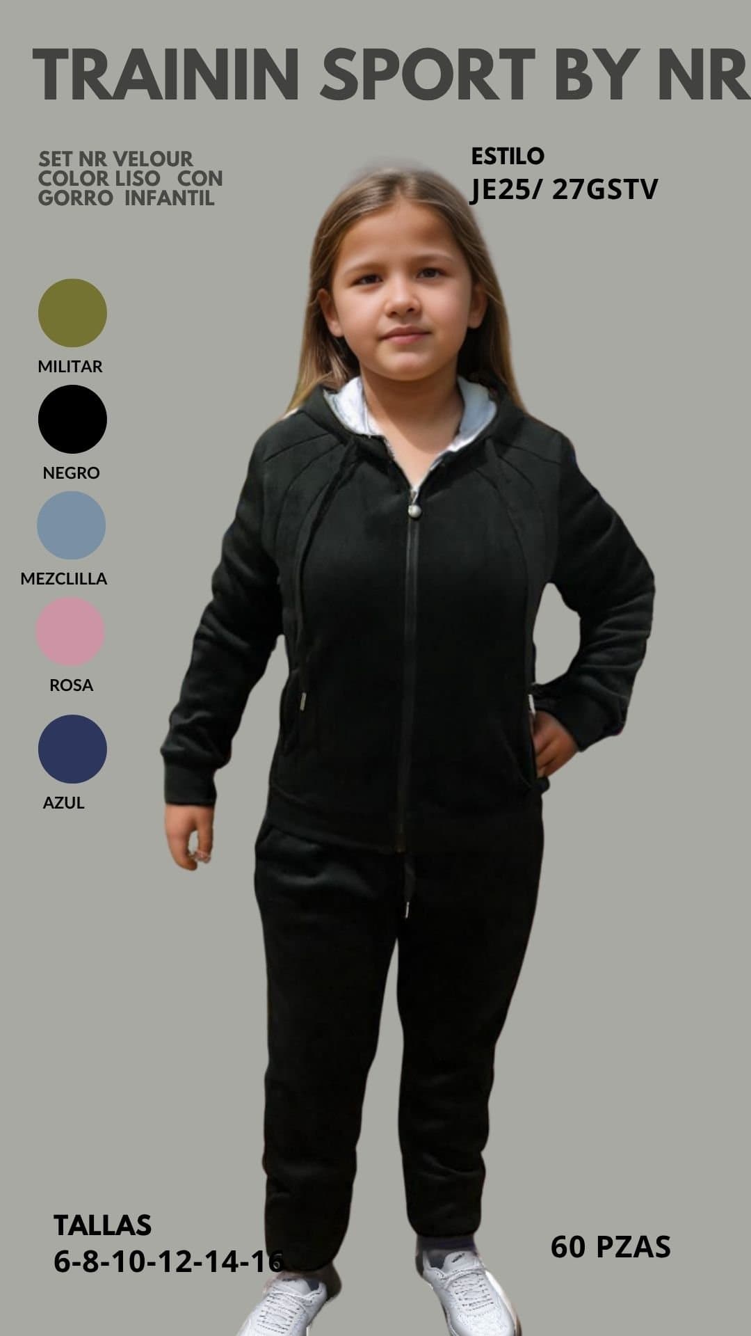 SET NR VELOUR COLOR LISO CON GORRO, INFANTIL, TRAINING SPORT BY NR